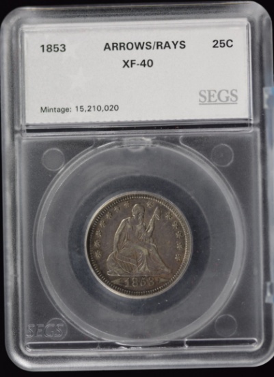 1853 Seated Liberty Quarter  Arrows/Rays SEGS XF Plus