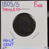 1805 Over % Half Cent Fine Stemless