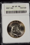 1957 Franklin Half Dollar ANACS MS-65 FBL OH