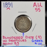 1891 Seated Dime AU/UNC Rare Blundered Date