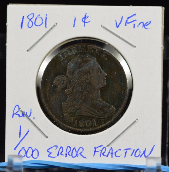 1801 1/1000 Large Cent Bust Error Rev Fraction VF