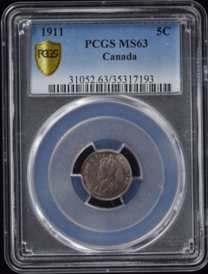 1911 Silver 5C Canada PCGS MS-63 Gold Label Beautiful Blue Brown Tone