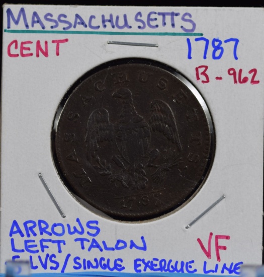 1787 Massachusetts Penny VF 5 LVS/Single Line