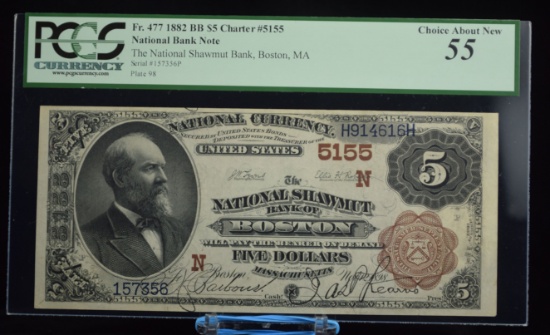 1882 $5 Brown Back N Shawmut B of Bost PCGS 55 Lg Margins CH5155 157356