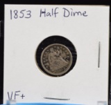 1853 Seated Half Dime VF Plus Struck off Center