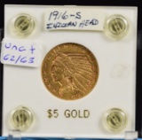 1916-S $5 Gold Indian RARE Date CH/UNC