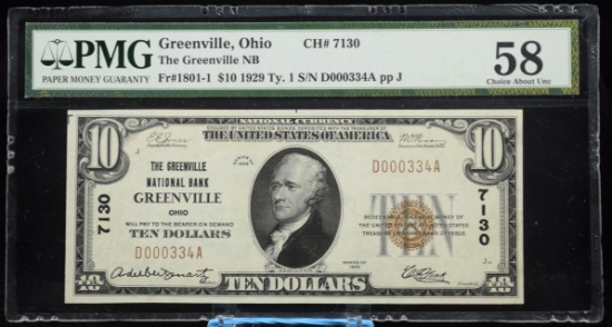 1929 $10 NC Ty1 NB Greenville OH PMG 58 Low #