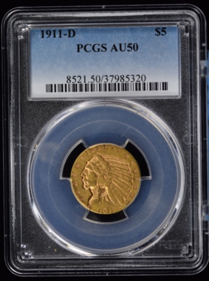 1911-D $5 Gold Indian Low Mintage AU50