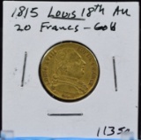 1815 Gold Louis 18th 20 Francs AU