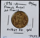 1896-A Gold French Angel 20 Francs BU/MS