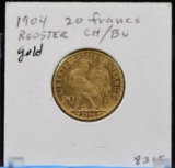 1904 Gold French 20 Francs Rooster CH/BU