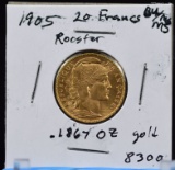 1905 Gold French 20 Francs Rooster BU/MS