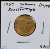 1907 Gold French 20 Francs Rooster BU/MS