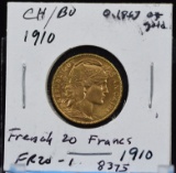 1910 Gold French 20 Francs Rooster CH/BU
