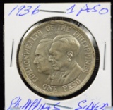 1936 Silver Peso Philippines Bust of FDR GEM BU Very Nice