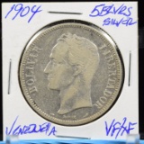 1904 Silver 5 Bolivars Venezuela CH VF/XF Attractive Well Struck Lite Tone