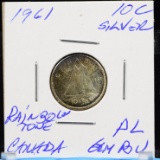 1961 Silver 10 Cent Canada PL GEM BU Rainbow Tone