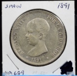 1891 Silver 5 Pesetas Spain Infant Head Crown