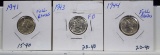 1941, 43 & 44 Mercury Dimes FB UNC 3 Coins