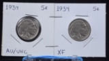 1934 2 Buffalo Nickels Full Horn AU/UNC & XF