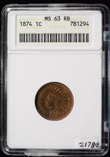 1874 Indian Head Cent ANACS MS-63 RB