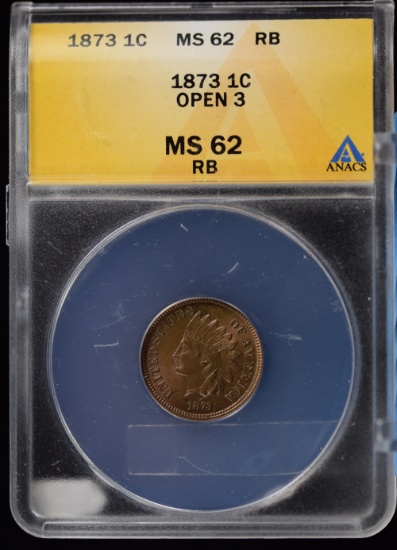 1873 Open 3 Indian Head Cent ANACS MS-62 RB