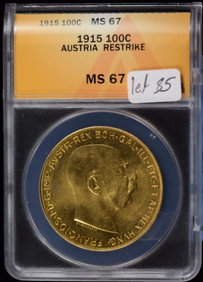 1915 100C Gold Austria Restrike ANACS MS-67 .980 oz