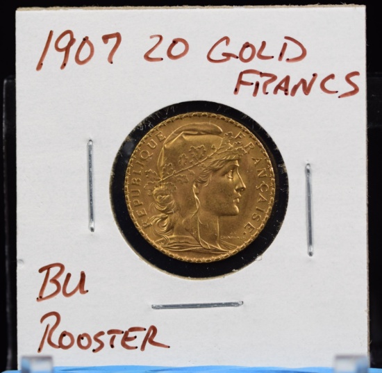 1907 20 Gold Francs Rooster BU
