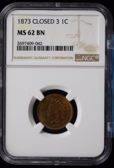 1873 Closed 3 Indian Head Cent NGC MS62 BN