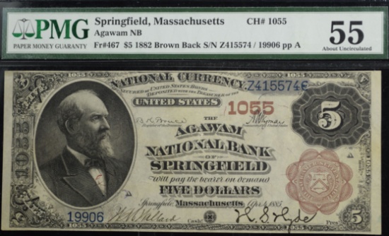 1882 $5 Brown Back Agawam NB Springfield PMG 55 RARE Only 4