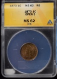 1873 Open 3 Indian Head Cent ANACS MS-62 RB