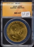 1915 100C Gold Austria Restrike ANACS MS-67 .980 oz