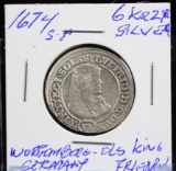 1674-S T Silver 6 Kreuzer Wurttemberg Ols Germany King Very Scarce