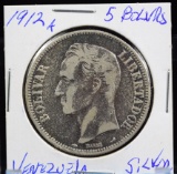 1912 A Silver 5Bolivares Venezuela Scarce Nicke Obverse Tone