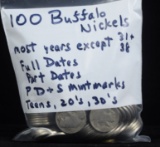 Bag of 100 Buffalo Nickels Full Dates & Mint Marks