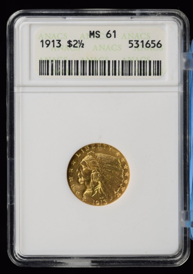 1913 $2.5 Gold Indian ANACS MS-61 Old Holder LOOK