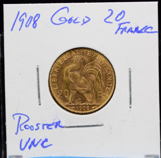 1908 Gold 20 Franc UNC Rooster