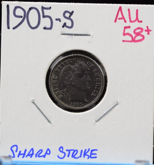 1905-S Barber Dime AU58 Plus Sharp Strike