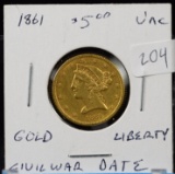1861 $5 Gold Liberty Civil War Era UNC