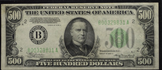 1934 $500 Federal Reserve Note B00329831A Nice