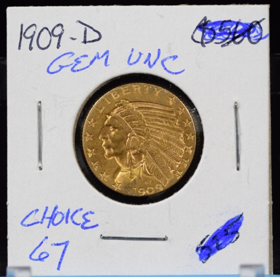 1909-D Five Dollar Gold Indian Coin  Choice Uncirculated