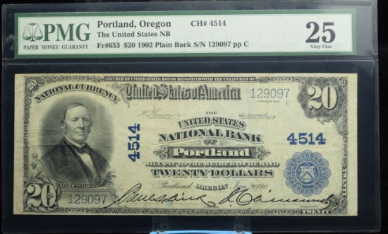 1902 $20 US National Bank of Oregon PMG VF25