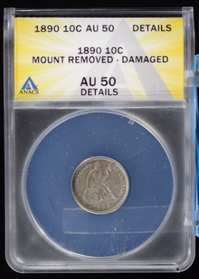 1890 Seated Dime ANACS AU-50 Details Mount Removed