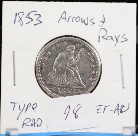 1853 Seated Liberty Quarter Arrows and Rays XF-AU