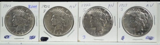 1922 22D 22S 23S Peace Dollars 4 Coins AU/BU