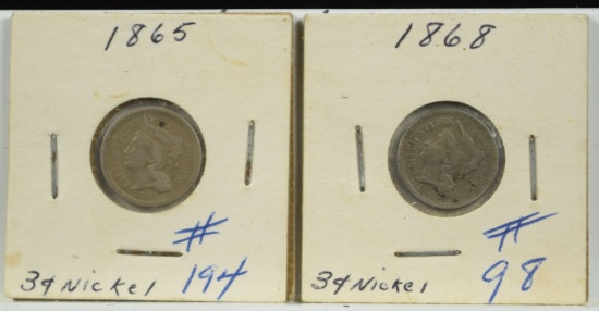 1865 & 1868 Three Cent Nickels 2 Coins