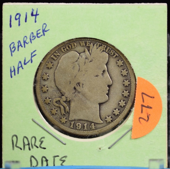 1914 Rare Date Barber Half Dollar Very Good Condition