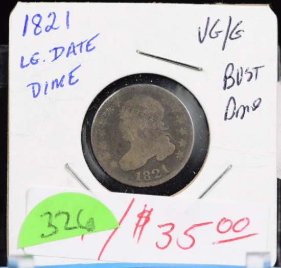 1821 Large Date Bust Silver Dime VG/Good