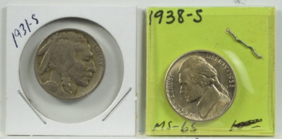 1931-S Buffalo & 1938-S Jefferson Nickels