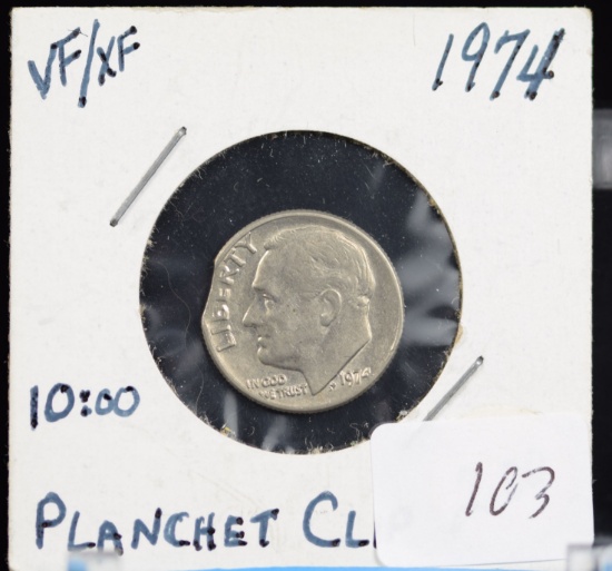 1974 Roosevelt Dime Mint ERROR Clipped Planchet